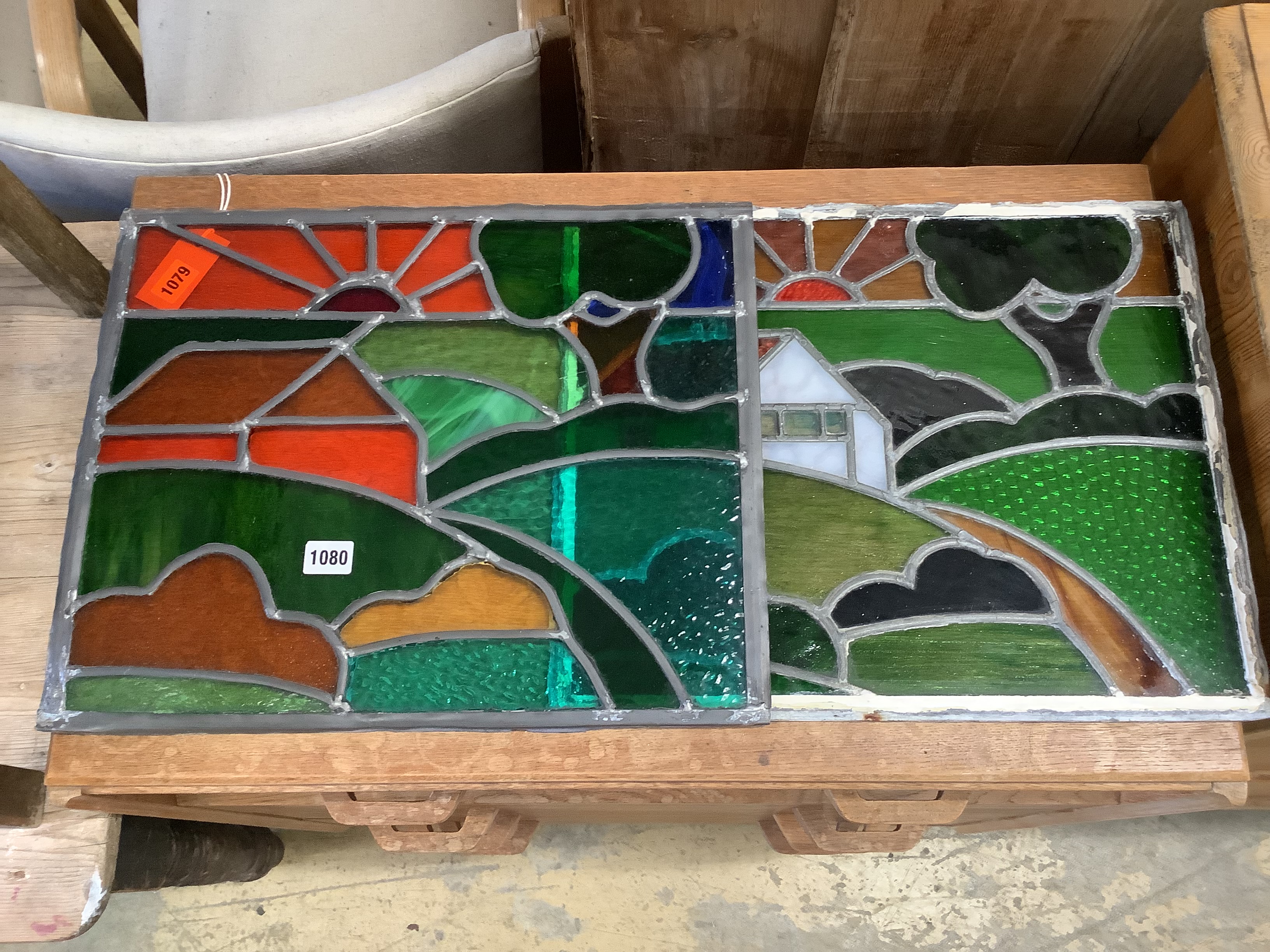 Two leaded stained glass panels, 46 x 38cm